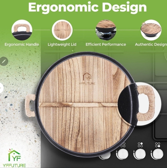 Brand New 14.2" Cast Iron Wok w/ Wood Lid | Pre-Seasoned | Flat Bottom | YFFutur - Picture 6 of 8